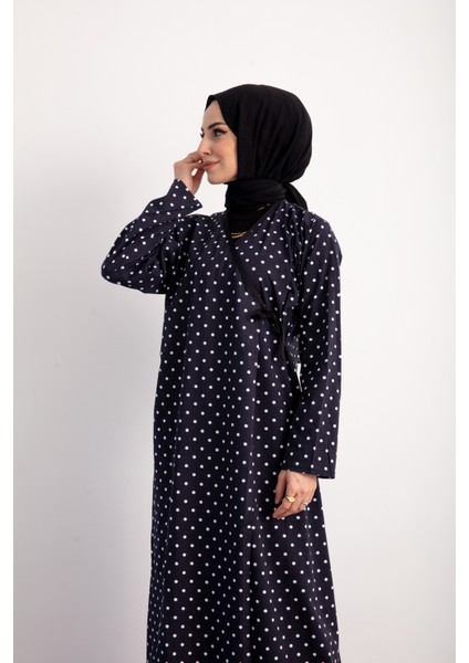 Kruvaze Yandan Bağlamalı Kadın Namaz Elbisesi Sabahlık Puantiye Desenli modelleri