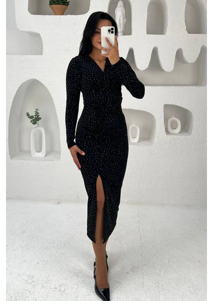 Kadın Kruvaze Yaka Yırtmaçlı Midi Boy Elbise NBMY3837