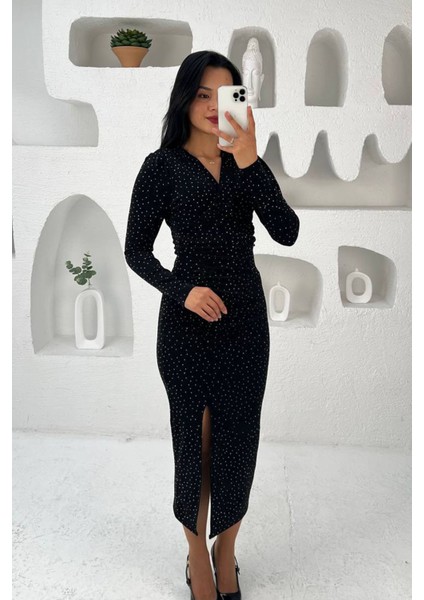 Kadın Kruvaze Yaka Yırtmaçlı Midi Boy Elbise NBMY3837 fiyatları