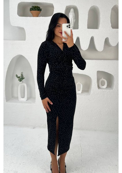 Kadın Kruvaze Yaka Yırtmaçlı Midi Boy Elbise NBMY3837 modelleri