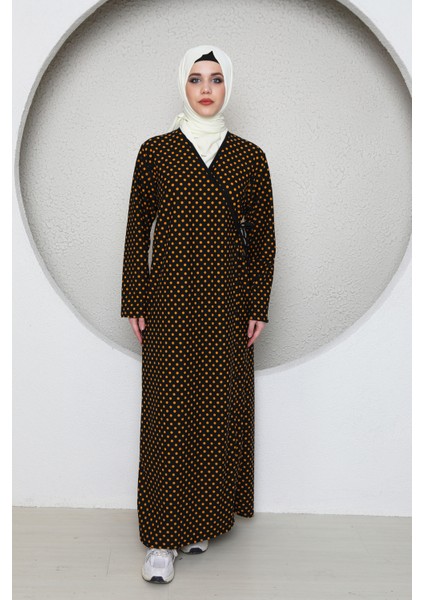 Kruvaze Yandan Bağlamalı Kadın Namaz Elbisesi Sabahlık Puantiye Desenli