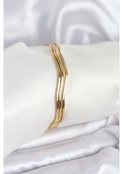 Bfs 316L Çelik Gold Renk 65 mm Ajda Zikzak Model 3lü Kadın Bileklik