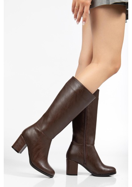 Suins Lumin Kadın Siyah Kahve Çizme 7 cm Topuk Boyu Çizme
