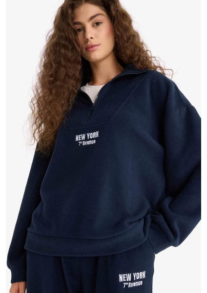 Oversize Dik Yaka Fermuarlı Baskılı Polar Lacivert Kadın Sweatshirt Y2649AZ/NV146