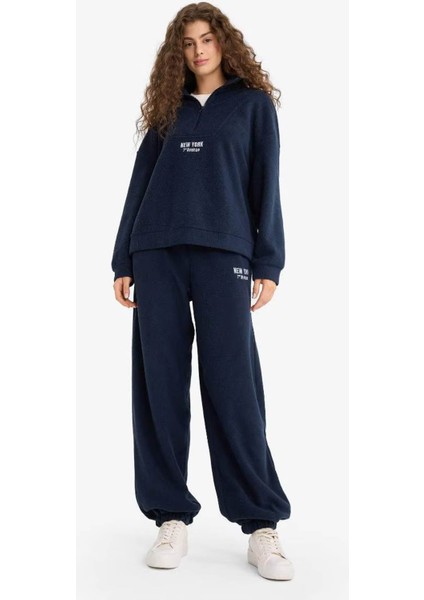 Oversize Dik Yaka Fermuarlı Baskılı Polar Lacivert Kadın Sweatshirt Y2649AZ/NV146 fiyatları