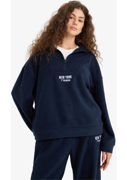 Oversize Dik Yaka Fermuarlı Baskılı Polar Lacivert Kadın Sweatshirt Y2649AZ/NV146 modelleri