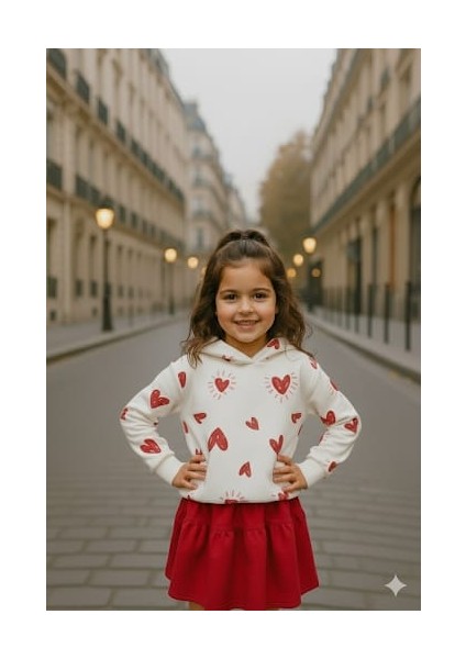Kız Çocuk Kalpli Kapüşonlu Sweetshirt ve Etek Alt Üst Takım