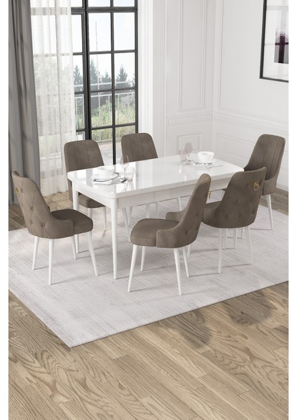 Nice Beyaz 80X132 Açılabilir Mdf Masa Yemek Odası Takımı, Mutfak Takımı 6 Adet Sandalye