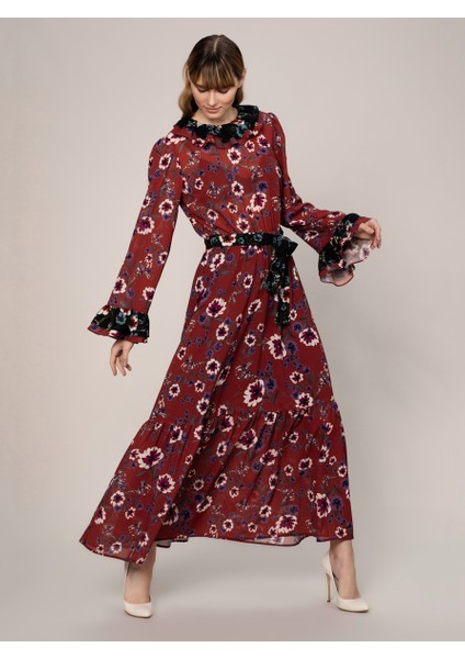 Uzun Kollu Uzun Çiçekli Şifon Uzun Elbise Standart Renk k1911038_089