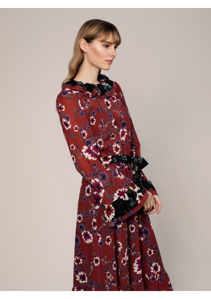 Uzun Kollu Uzun Çiçekli Şifon Uzun Elbise Standart Renk k1911038_089 fiyatları