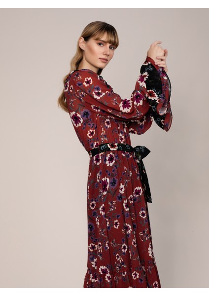 Uzun Kollu Uzun Çiçekli Şifon Uzun Elbise Standart Renk k1911038_089 modelleri