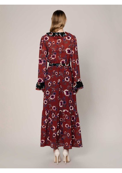 Uzun Kollu Uzun Çiçekli Şifon Uzun Elbise Standart Renk k1911038_089 fırsatları