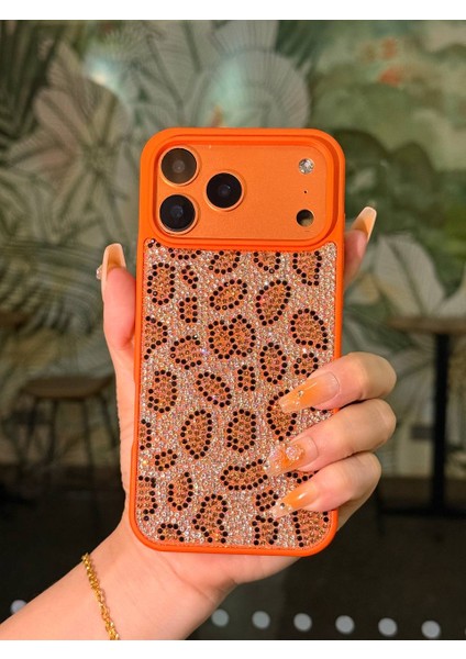 iPhone 17 Pro Uyumlu Kılıf Içi Kadife Leopar Tasarımlı Turuncu Taşlı Işıltılı Pırlanta Silikon modelleri