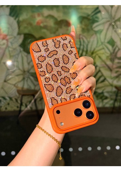 iPhone 17 Pro Max Uyumlu Kılıf Içi Kadife Leopar Tasarımlı Turuncu Taşlı Işıltılı Pırlanta Silikon indirimleri