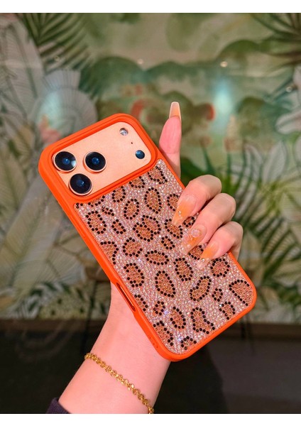iPhone 17 Pro Max Uyumlu Kılıf Içi Kadife Leopar Tasarımlı Turuncu Taşlı Işıltılı Pırlanta Silikon