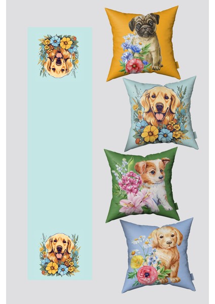Yeşil Sarı Sevimli Köpekler 4'lü Kırlent Kılıfı ve 1 Runner Seti