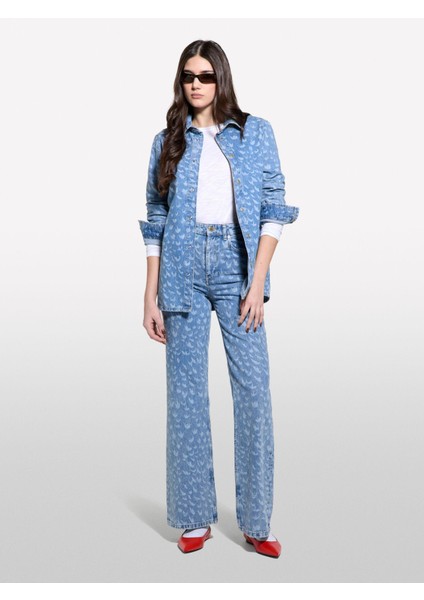 %100 Pamuk Baskılı Normal Bel Geniş Paça Denim Pantolon Kadın Buz Mavisi Denim Pantolon - 325P43Y3LE04F