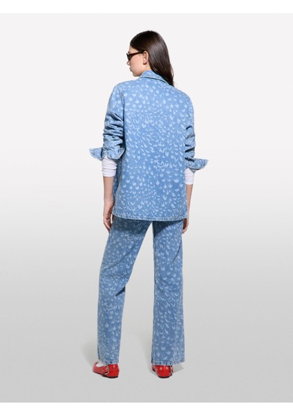 %100 Pamuk Baskılı Normal Bel Geniş Paça Denim Pantolon Kadın Buz Mavisi Denim Pantolon - 325P43Y3LE04F modelleri