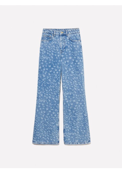 %100 Pamuk Baskılı Normal Bel Geniş Paça Denim Pantolon Kadın Buz Mavisi Denim Pantolon - 325P43Y3LE04F fırsatları