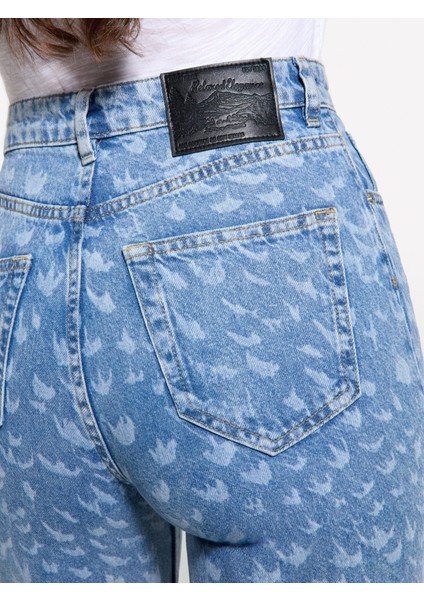 %100 Pamuk Baskılı Normal Bel Geniş Paça Denim Pantolon Kadın Buz Mavisi Denim Pantolon - 325P43Y3LE04F indirimleri