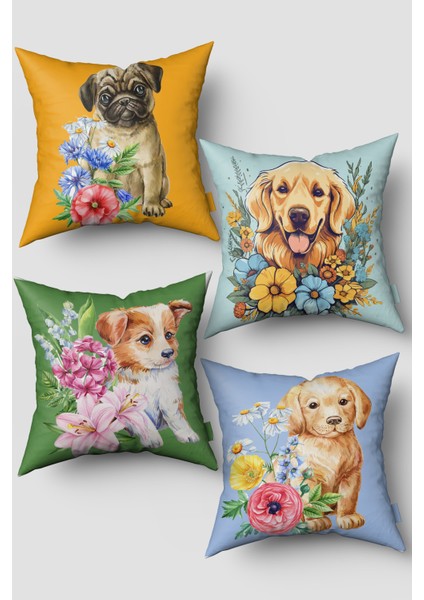Yeşil Sarı Sevimli Köpekler 4'lü Kırlent Kılıfı Seti
