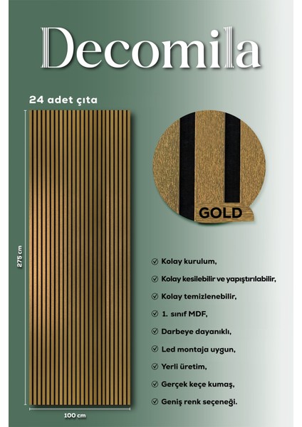 Mdf Ahşap Akustik Duvar Paneli 100X275 cm -Gold(Pvc)