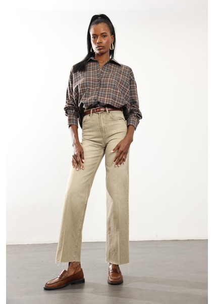 Yıkamalı Haki Yüksek Bel Straight Jean