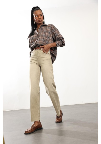 Yıkamalı Haki Yüksek Bel Straight Jean fiyatları