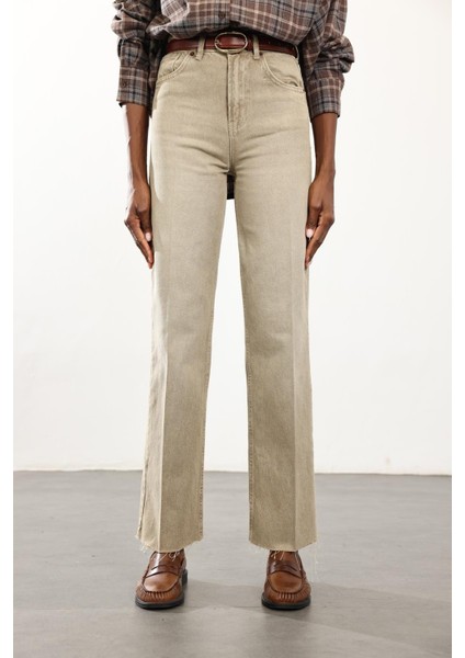 Yıkamalı Haki Yüksek Bel Straight Jean modelleri