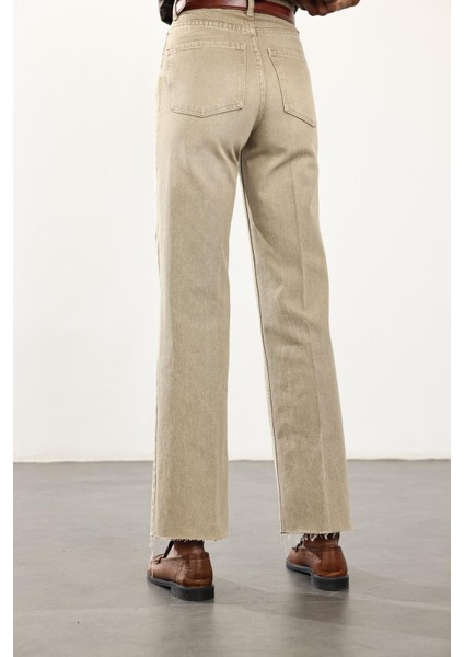 Yıkamalı Haki Yüksek Bel Straight Jean indirimleri