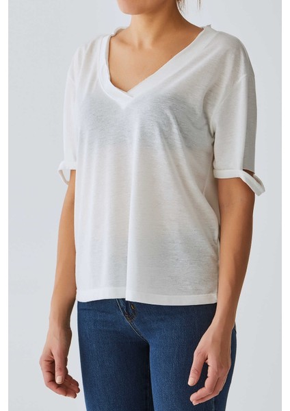 Kolları Detaylı T-Shırt Ekru Y1954149_049