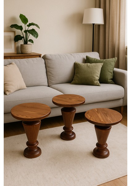 Fındık Renk Ahşap Mantar Sehpa Seti – 3’lü Doğal Fiskos ve Zigon Takımı modelleri