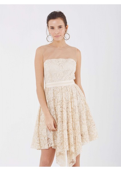 Ön Detaylı Asimetrik Gece Elbisesi Bej Y1811192_024