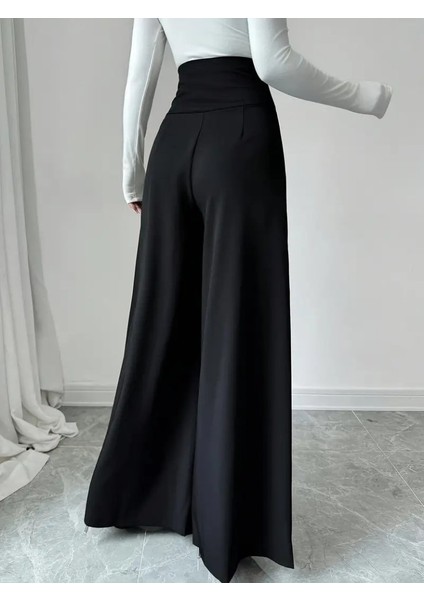 Kadın Yüksek Bel Düğmeli Geniş Paçalı Ithal Krep Pantolon