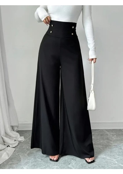 Kadın Yüksek Bel Düğmeli Geniş Paçalı Ithal Krep Pantolon modelleri