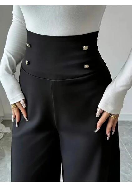 Kadın Yüksek Bel Düğmeli Geniş Paçalı Ithal Krep Pantolon fırsatları
