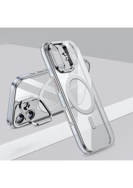 iPhone 17 Uyumlu Kılıf Wlons Magsafeli Renkli Çerçeve Standlı Efsane Kapak Gri