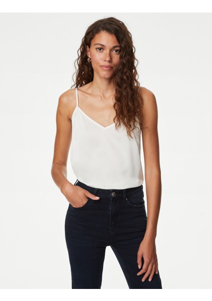 V Yaka Askılı Saten Bluz