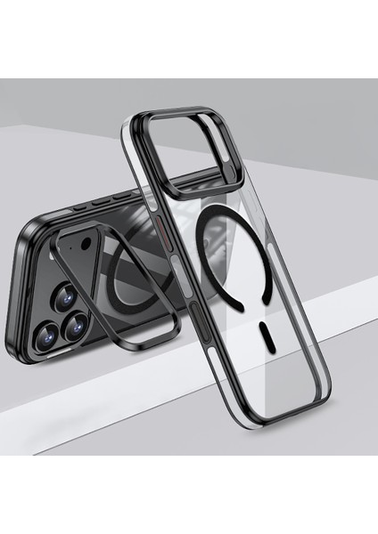 iPhone 17 Pro Uyumlu Kılıf Wlons Magsafeli Renkli Çerçeve Standlı Efsane Kapak Siyah