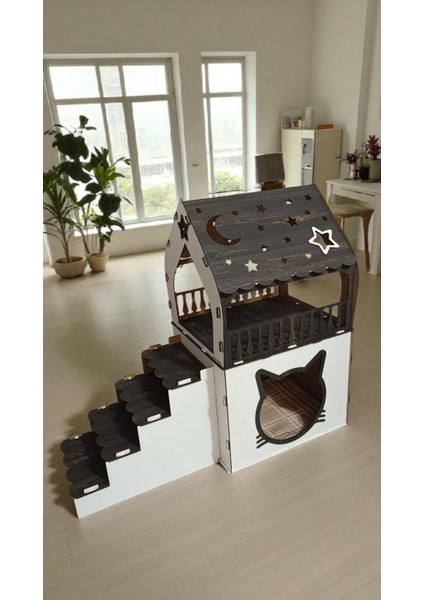 Ismeözel Ahşap Dekoratif Büyük Kedi Evi Minder ve Tasma Hediyeli Kulübesi Oyun Ev Rebab-Beyaz