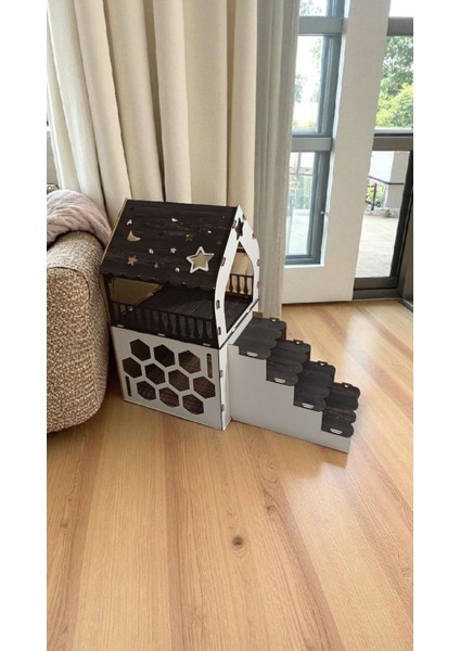 Ismeözel Ahşap Dekoratif Büyük Kedi Evi Minder ve Tasma Hediyeli Kulübesi Oyun Ev Rebab-Beyaz fiyatları