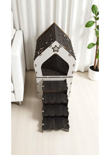 Ismeözel Ahşap Dekoratif Büyük Kedi Evi Minder ve Tasma Hediyeli Kulübesi Oyun Ev Rebab-Beyaz modelleri