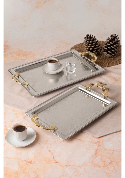 Metal Gümüş & Gold 2’li Tepsi Seti – Işlemeli Altın Kulplu Servis ve Sunum Tepsisi, Kararmaz, Solmaz