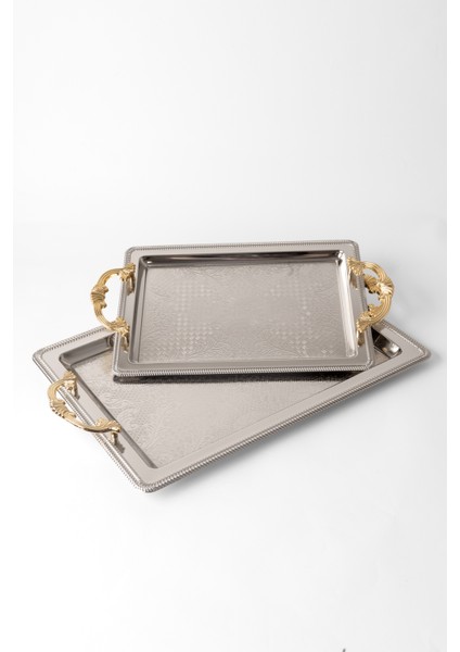 Metal Gümüş & Gold 2’li Tepsi Seti – Işlemeli Altın Kulplu Servis ve Sunum Tepsisi, Kararmaz, Solmaz fiyatları