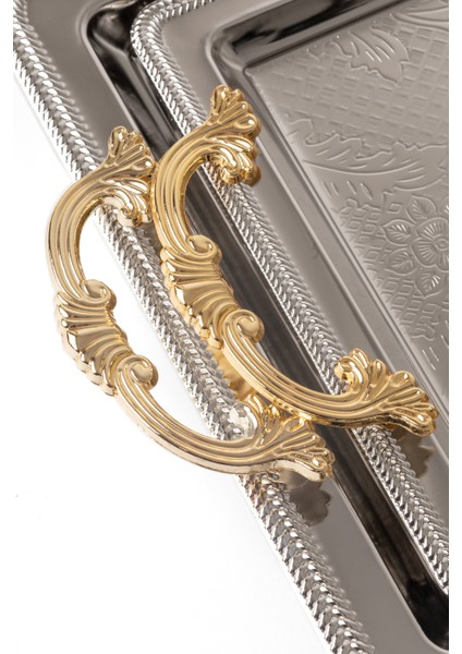 Metal Gümüş & Gold 2’li Tepsi Seti – Işlemeli Altın Kulplu Servis ve Sunum Tepsisi, Kararmaz, Solmaz modelleri