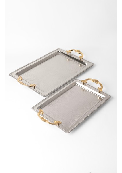 Metal Gümüş & Gold 2’li Tepsi Seti – Işlemeli Altın Kulplu Servis ve Sunum Tepsisi, Kararmaz, Solmaz indirimleri