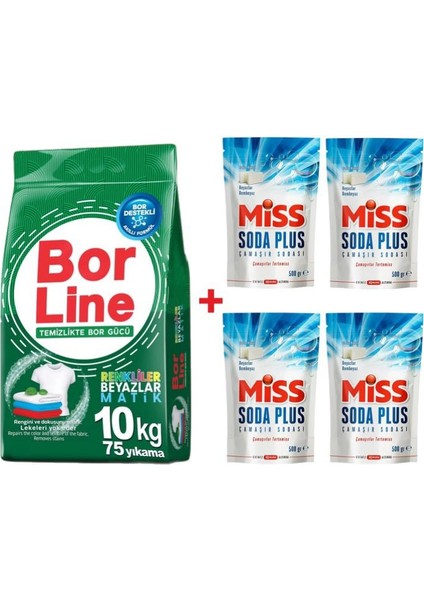 Borline 1 Adet 10 kg Renkliler ve Beyazlar Için Toz Deterjanı 4 Adet Miss Soda Plus 500 gr