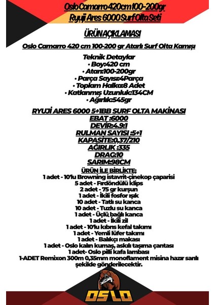 Camarro 420CM 100-200GR Ryuji Ares 6000 Surf Olta Seti fiyatları
