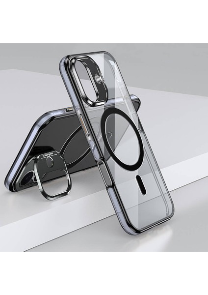 iPhone 16 Plus Uyumlu Kılıf Wlons Magsafeli Renkli Çerçeve Standlı Efsane Kapak Siyah