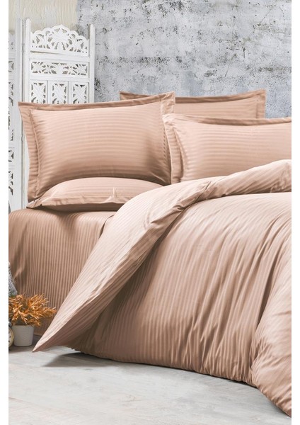 Stripe Tek Kişilik Pollysaten Nevresim Takımı Bej